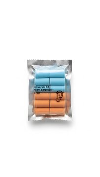 Pair of universal fit foam earplugs in plastic packaging for noise reduction and hearing protection
