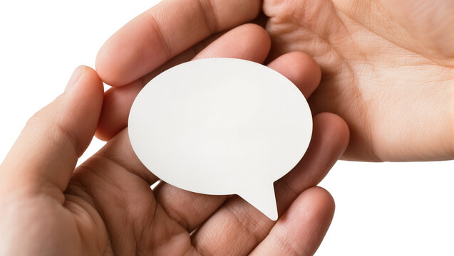 Isolated human hands holding a blank white speech bubble, concept of communication and idea