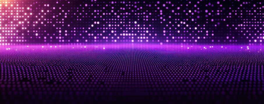 Glowing purple and pink dotted digital grid with floating particles over a reflective surface, a futuristic neon horizon and mesmerizing energy