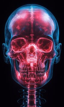 neon x-ray of a human skull and upper cervical spine with glowing red cranial cavity and blue translucent bones, eerie clinical futuristic mood