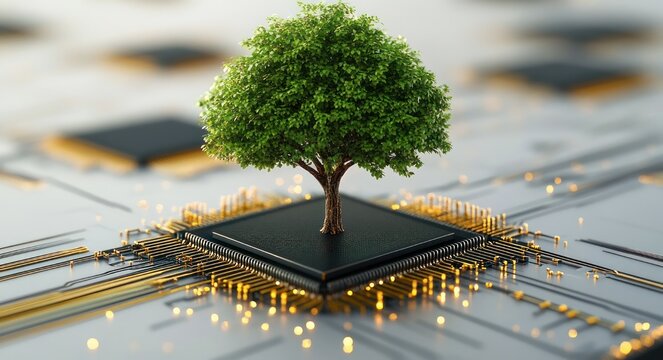 lush green tree growing from a microchip on a glowing circuit board, golden traces and lights suggesting hopeful harmony between nature and technology