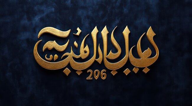 ornate gold arabic calligraphy with number 206 on dark velvet textured background, embossed metallic lettering conveying elegant and majestic mood