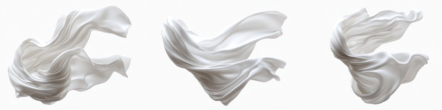 Three floating white silk fabric swirls on a bright white background, graceful and ethereal motion with soft folds and elegant fluidity