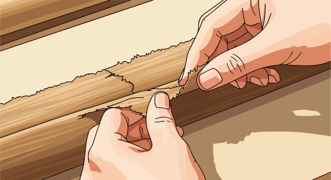 Hands tearing a rough wooden surface