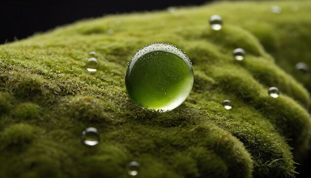 Macro moss texture with water droplets, natural forest floor background