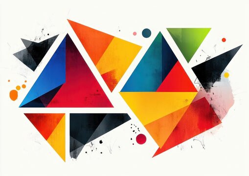 dynamic arrangement of colorful overlapping triangles and angular polygons with paint splatters on a textured white background, energetic and playful abstract composition