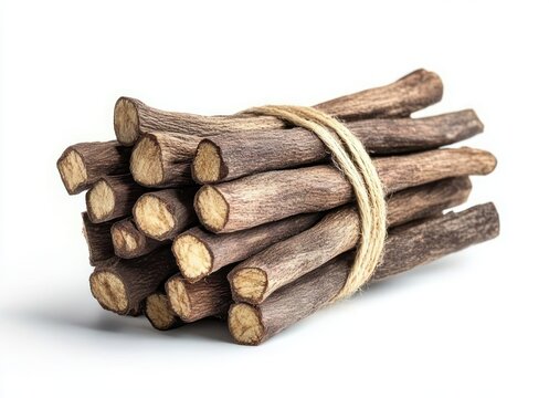 bundle of dried root sticks tied with twine on white background with soft shadow, rustic earthy texture and soothing natural mood