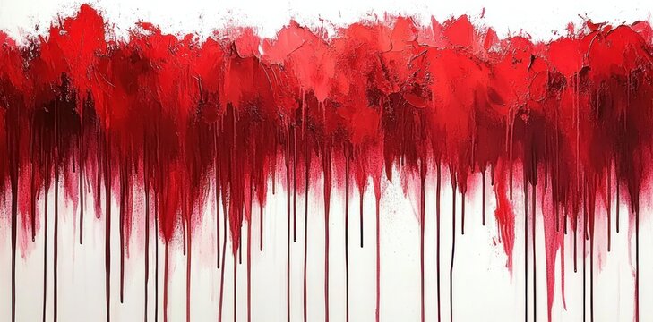 thick crimson and scarlet paint with heavy impasto along the top edge, dripping long vertical streaks down a stark white canvas, conveying an intense, visceral and dramatic mood