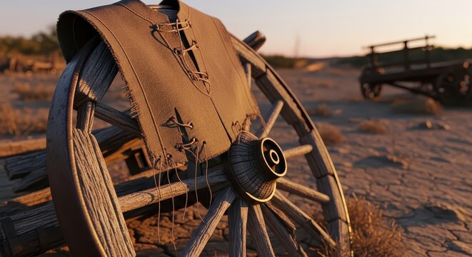 Torn Merchant Tunic Fragment on a Weathered Wagon Wheel in a Dusty Landscape