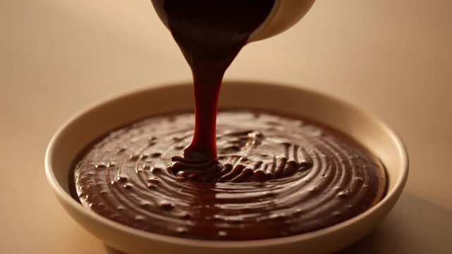 Chocolate Sauce Pouring From a Cup Into a Bowl with Swirling Pattern Featuring Swirl, Dessert, Sweet with Food and Liquid