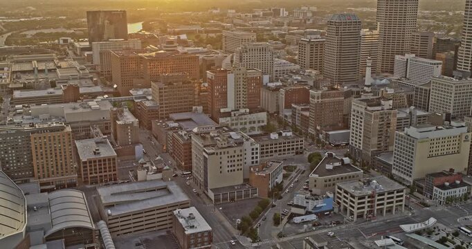 Indianapolis Indiana Aerial v7 rising sweeping flyover past the tower blocks and high rise offices at sunset in the downtown mile square area - Shot with Inspire 2, X7 camera - August 2020
