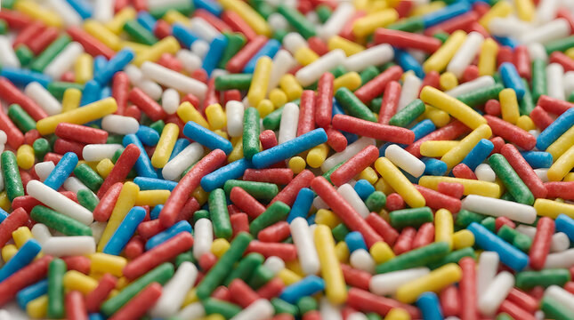 olorful rainbow candy sprinkles texture background top view