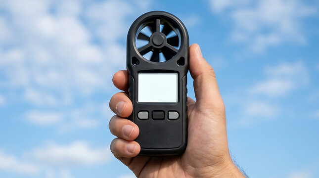 Hand holding digital anemometer wind speed meter against blue sky background