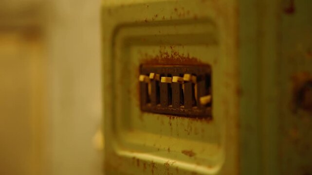 Old Rusty Electric Fuse Box. Vintage Toggle Switches Inside Abandoned Building 