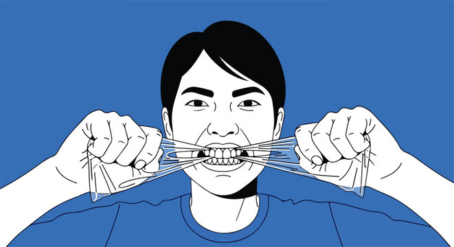 Person's mouth pulling on clear plastic wrap with teeth