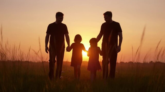 Family Silhouette with Two Adults and Two Children Holding Hands in a Field at Sunset Featuring Sky, Grass, Evening with Warm