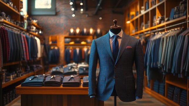 elegant men's boutique interior with navy tailored suit on mannequin, tie and pocket square; wooden display table with folded shirts and jacket racks under warm ambient lighting