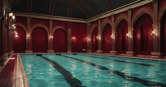 Grand indoor swimming pool in an opulent red arched hall with classical columns, chandeliers, marble deck and calm shimmering lanes evoking serene luxury