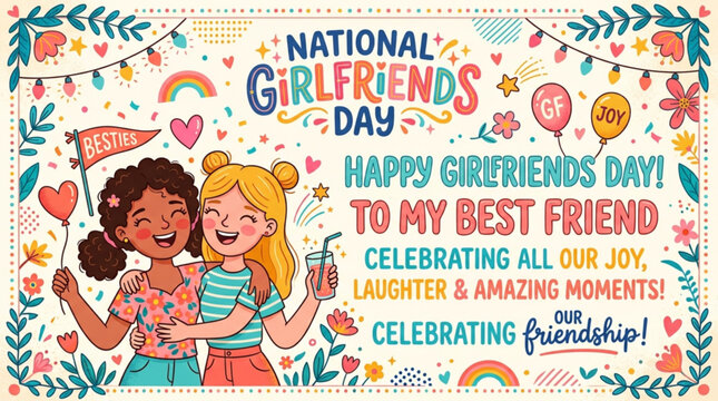 National Girlfriends Day banner, colorful illustration, friendship celebration, best friends greeting card