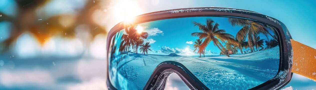 sunlit ski goggles resting on snow reflecting a tropical beach with palm trees and blue sky, evoking playful escapism and longing