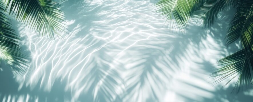 sunlit turquoise water with gentle ripples and overlapping palm leaf shadows creating a peaceful relaxed tropical atmosphere