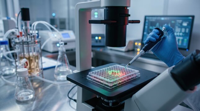 Scientist in blue gloves pipetting fluorescent samples into microplate under microscope, modern biotech lab research with digital data screens and glassware