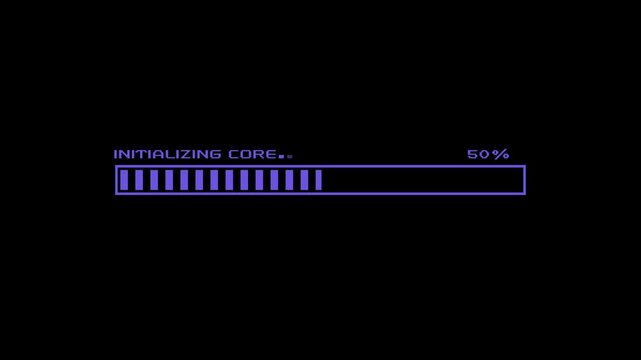 Retro pixel art initializing core loading bar animation purple cyber system startup progress bar processor initialization 8 bit tech UI 4K motion graphics