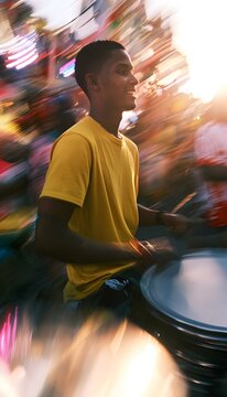 Joyful Carnival Rhythm Young Black Man Beats Drums Amidst Festive Golden Hour Celebration