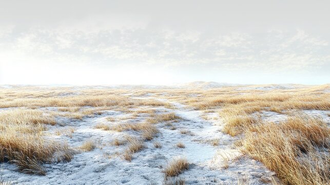 expansive snow-dusted dunes with golden wind-swept grasses beneath a pale cloudy sky, serene and solitary winter landscape