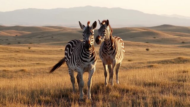 Zebras Standing in Golden Grassland with Mountainous Background During Sunset Featuring Mountains, Wildlife, Nature with Animals