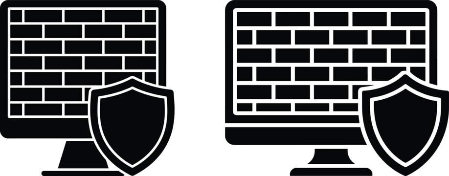 Computer Firewall Protection Icons Featuring Secure Monitor, Shield Symbol, Network Security, and Cyber Defense Vector Set