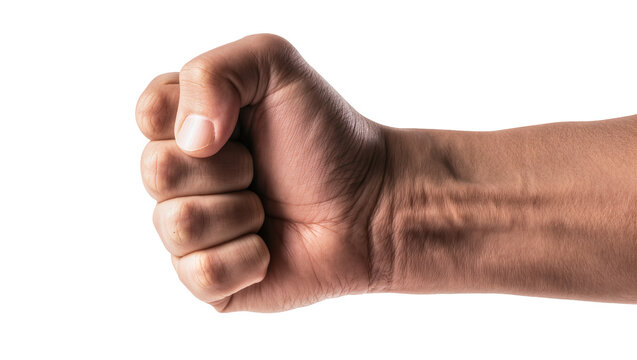 Isolated male hand clenched into a fist, conveying power, strength, and firm grip