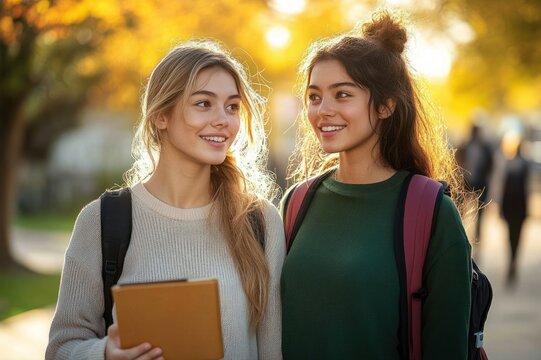 Two young students with backpacks and a book share a warm, thoughtful moment on a sunlit autumn campus path