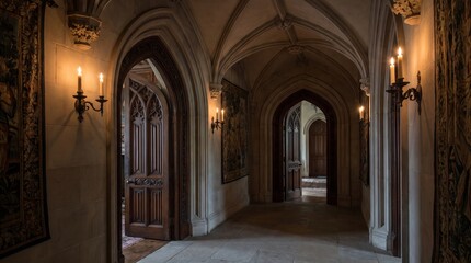 Obraz premium Perspective view of a Gothic revival stone corridor with open arched wooden doors, vaulted ceilings, and warm wall lighting