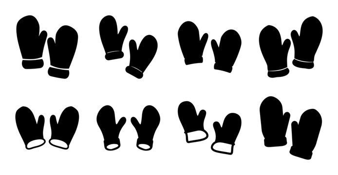 Assorted black and white winter mittens collection - Simple vector illustration of a variety of black and white winter mittens arranged neatly for stock use.
