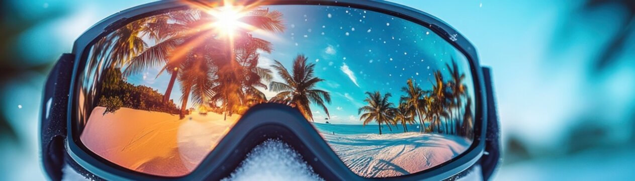snow-dusted ski goggles reflecting a sunlit tropical beach with palm trees, golden sand and sparkling turquoise sea &mdash; dreamy warm longing amid winter