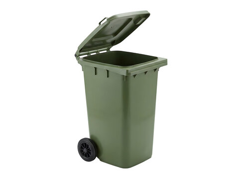 Large outdoor green plastic waste bin with an open lid for collecting garbage and recycling materials on transparent background
