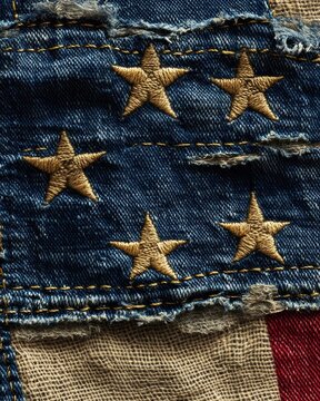 frayed denim patch with embroidered gold stars, coarse burlap backing and vertical red stripe, rustic handmade textile detail evoking nostalgic weathered charm