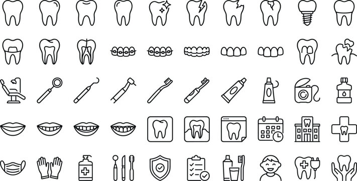 Dental care stomatology and oral hygiene line icons vector set featuring tooth implant braces cavity treatment medical tools and clinic appointment symbols