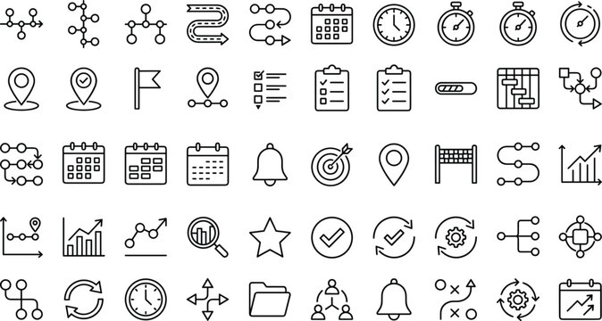Project management timeline and workflow line icons vector set featuring business planning roadmap schedule data charts and process tracking
