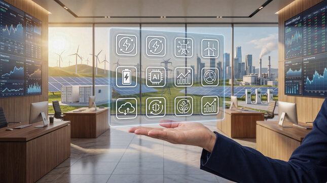 Energy Trading Operations Center with Electricity Market and AI Analytics Hologram