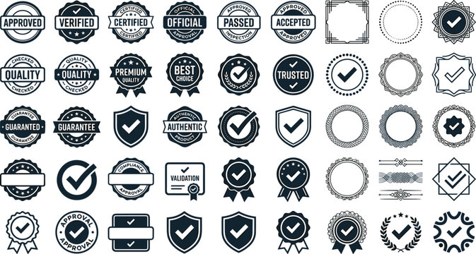 Approved certified and verified quality stamp vector set featuring authentic guarantee checkmark badges and trusted official product validation seals