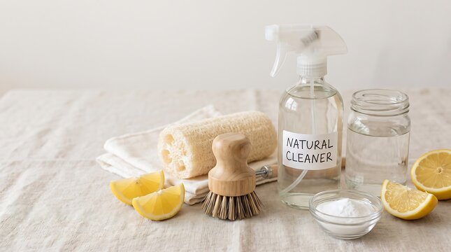 Eco-friendly Home Cleaning Kit Featuring Natural Ingredients Like Lemon and Baking Soda on Linen Fabric