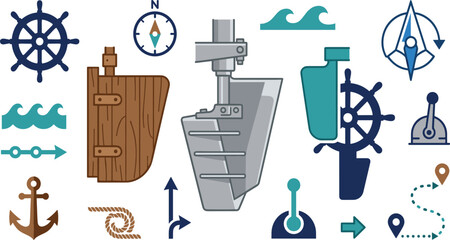 Nautical navigation and boat steering mechanism vector set featuring ship rudders wheels anchors compasses waves and maritime route planning elements © Habiba