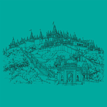Palitana Temples Hand Drawn Line Art Sketch, Jain Temple Complex Architecture, Architectural Illustration, Detailed Pen Ink Drawing, Sacred Heritage Landmark, Vintage Engraving Style