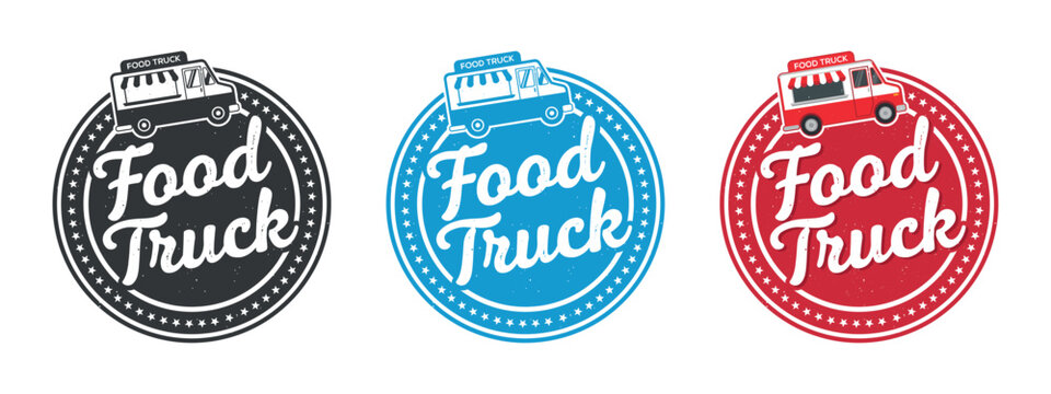 Food Truck Illustration With Starburst Frame In Three Color Variations vehicle