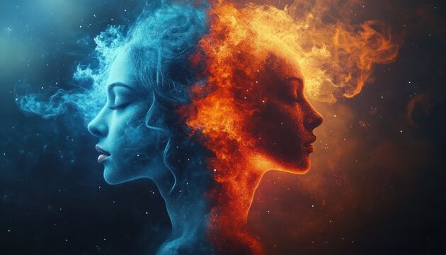 two blurred vertical panels over swirling blue icy smoke and fiery orange flames on a starry dark background, evoking intense contrast, tension and dynamic energy