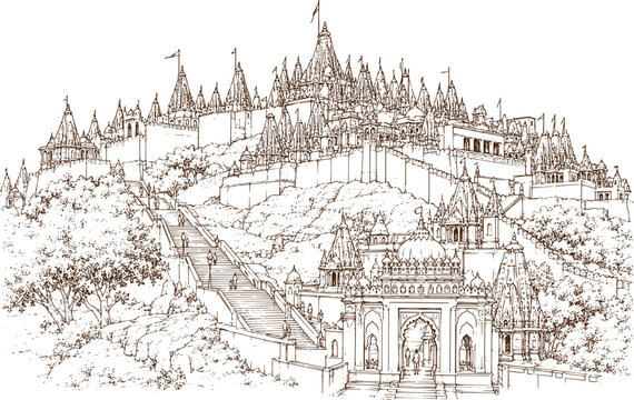 Palitana Temples Hand Drawn Line Art Sketch, Jain Temple Complex Architecture, Architectural Illustration, Detailed Pen Ink Drawing, Sacred Heritage Landmark, Vintage Engraving Style