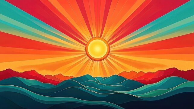 Radiant golden sun with colorful rays over layered teal and red mountains, vibrant sunrise evoking warmth and uplifting energy