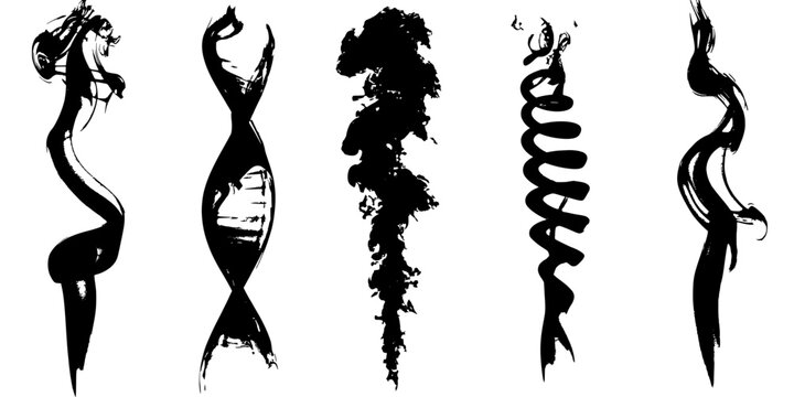 Figure Silhouette Set of Five Swirling Smoke-Style Women Poses on High-Contrast Background, Fashion Concept Graphic